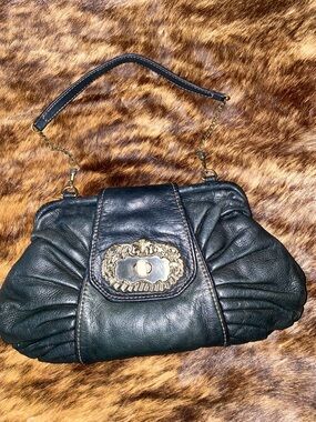 Black Leather Handbag with Ornate Gold-Tone Hardware